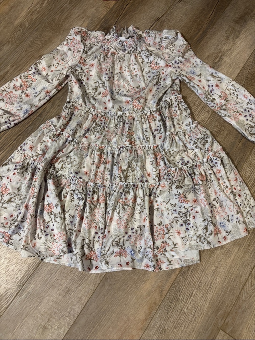 Girls' Floral Tiered Long-Sleeve Dress - Cream with Pink & Blue Flowers